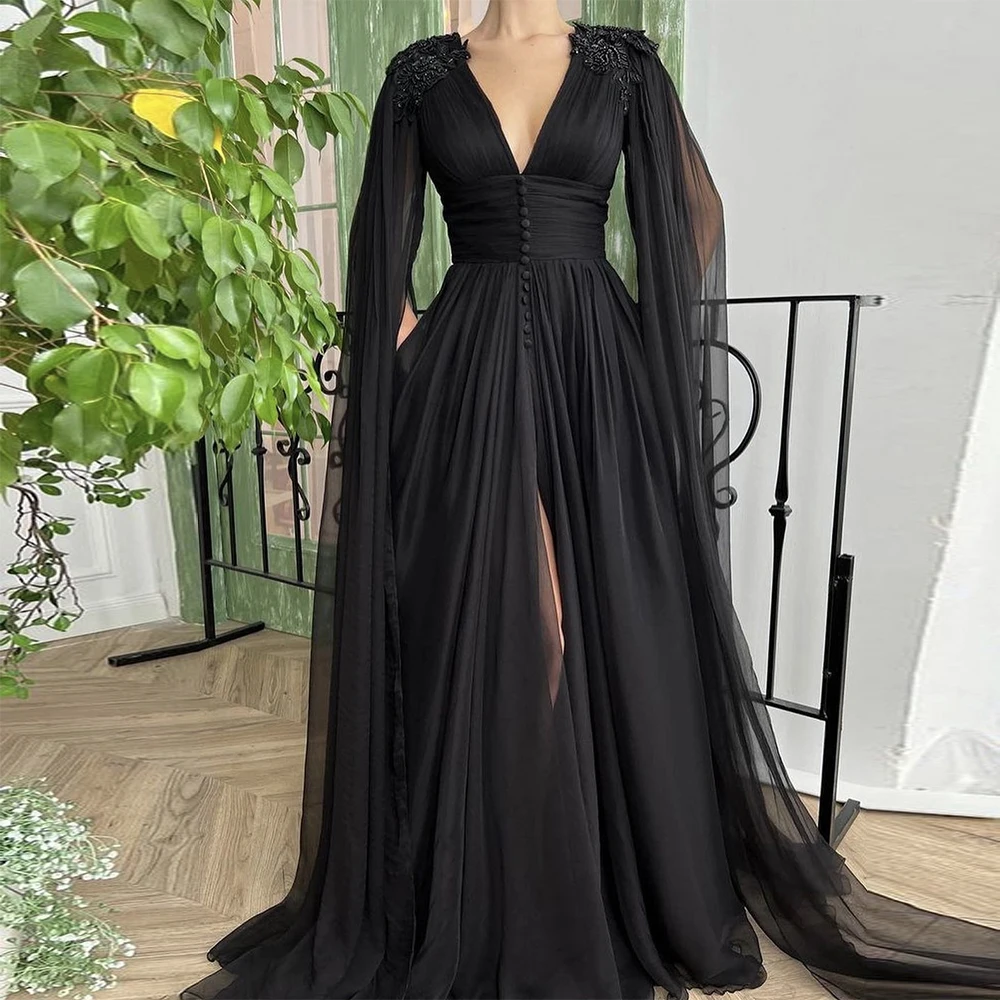 Top Trends: LSYX Black Beaded Chiffon Floor Length Evening Party Dress V Neck Applique High Waist Prom Gown Elegant Pleat Ruching A-line Shoppable Styles