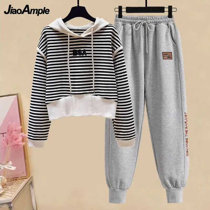 Top Trends: Women's Tracksuit 2022 Fall / Winter New Striped Embroidered Sweater + Cotton Pants Two-piece Korean Casual Hoodies Trousers Suit Shoppable Styles