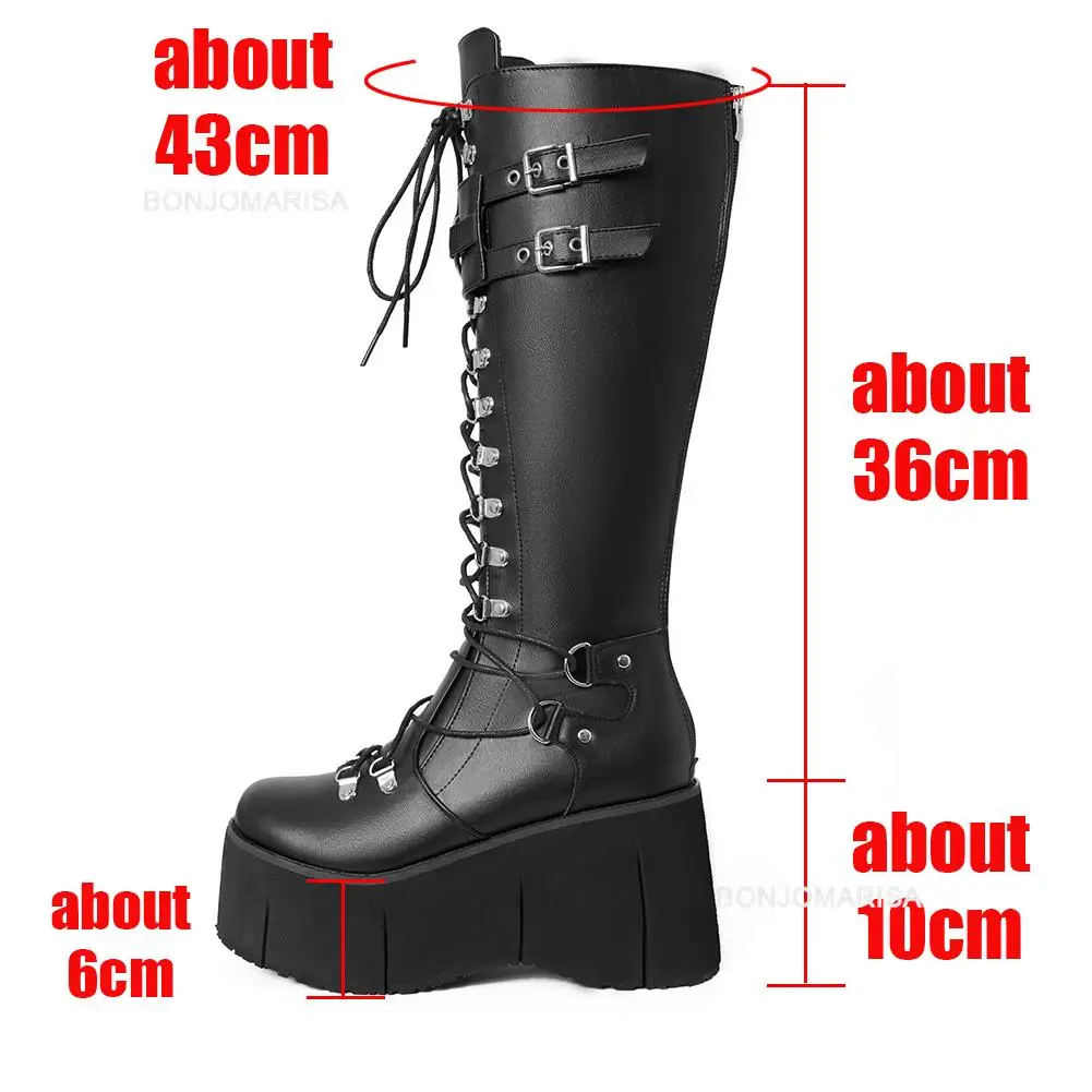 Top Trends: BONJOMARISA Platform Boots For Women Wedges Knee High Black Lace Up Fashion Goth Gothic Boots Punk Shoes Girls Winter 2022 Shoppable Styles - Image 6