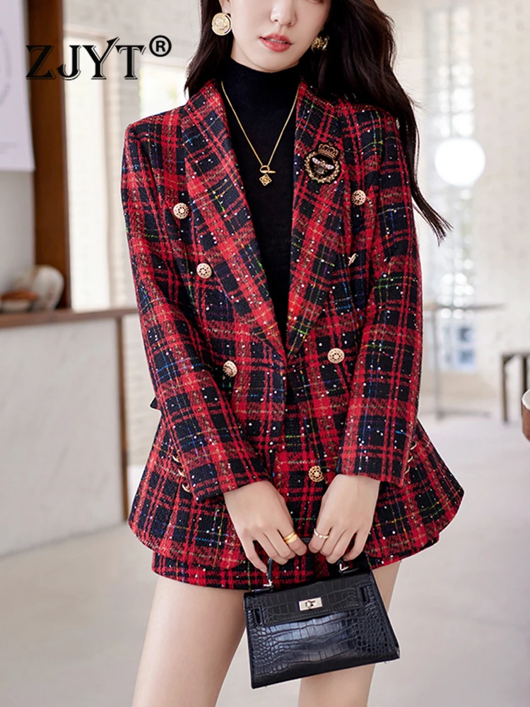 Top Trends: ZJYT Elegant Plaid Tweed Blazer Shorts Suits Autumn Winter Outfits For Women 2 Piece Business Chic Office Matching Set Plus Size Shoppable Styles