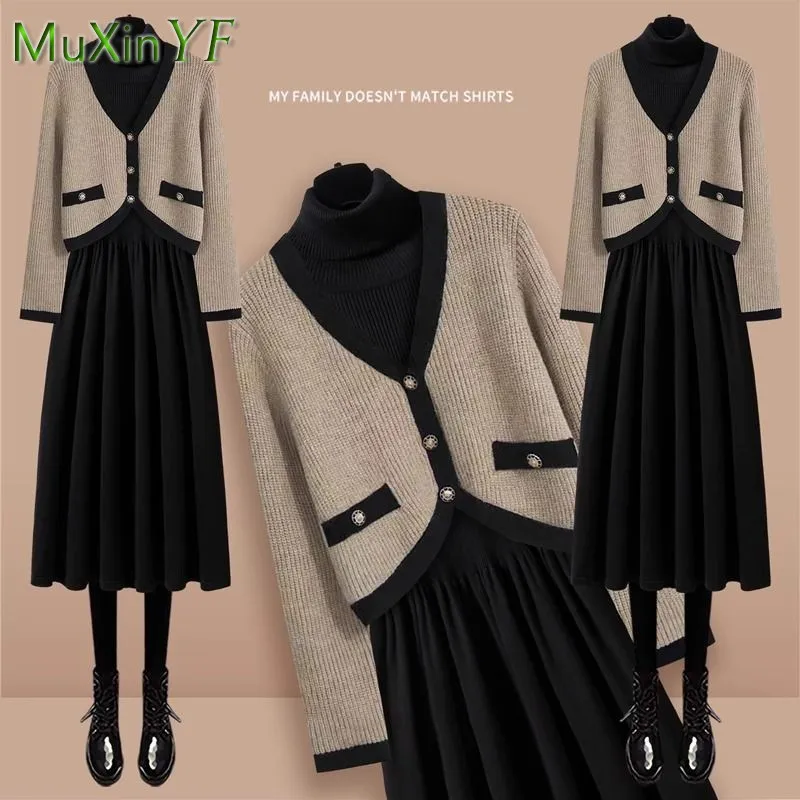 Top Trends: 2023 Autumn / Winter New Korean Elegant V-neck Contrast Knit Sweater Coat+ High Neck Dress Two Piece Women&#039;s Fashion Matching Set Shoppable Styles