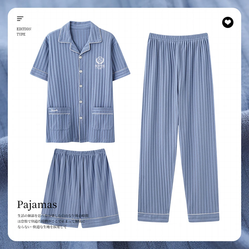 Top Trends: 5XL Big Size Pajamas Men's Sets 3pcs Casual Modal Striped Short Sleeve Sleepwear+ Summer Elastic Shorts+ Long Pajama Man Pants Shoppable Styles