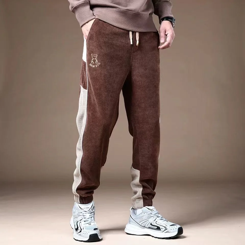 Top Trends: Autumn Winter Men Warm Corduroy Contrast Color Pants Fleece Thicken Elastic Waist Male Clothes Fashion Casual Sports Trousers Shoppable Styles