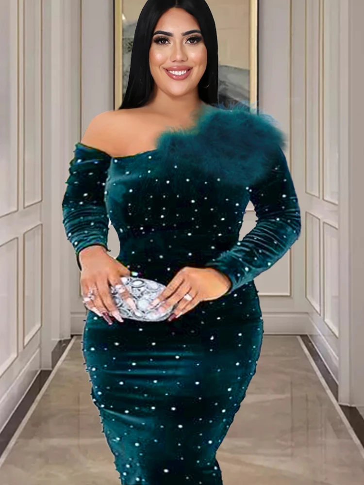 Top Trends: Cocktail Party Dresses Plus Size 4XL Dark Green Women Cold Shoulder Long Sleeve Bodycon Sequins Velvet Gowns Outfits Christmas Shoppable Styles