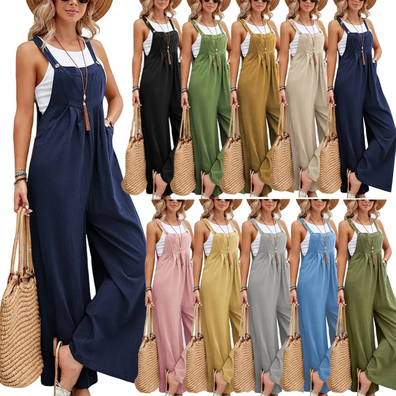 Top Trends: 2023 Summer Women Long Jumpsuit Solid Color Casual Loose Thin Size Sleeveless Straps Wide Leg Women Suspender Loose Jumpsuit Shoppable Styles