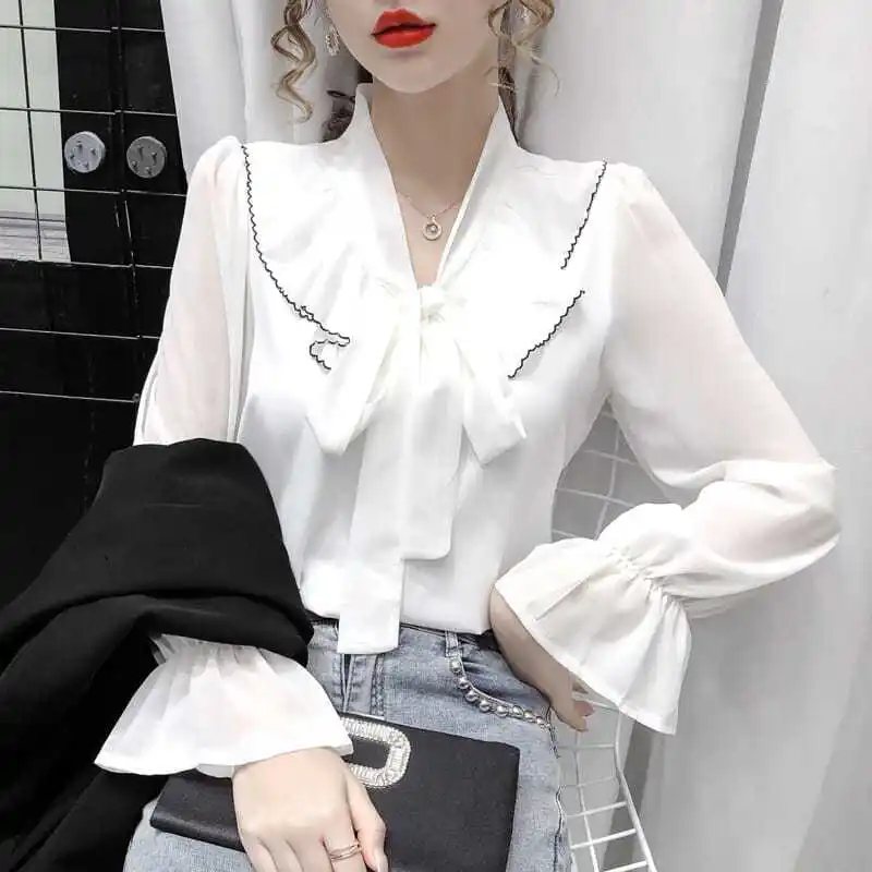 Top Trends: Temperament Chiffon Black Blouse Spring Autumn New Long Sleeve Bow Solid All-match Shirt Tops Fashion Elegant Women Clothing Shoppable Styles