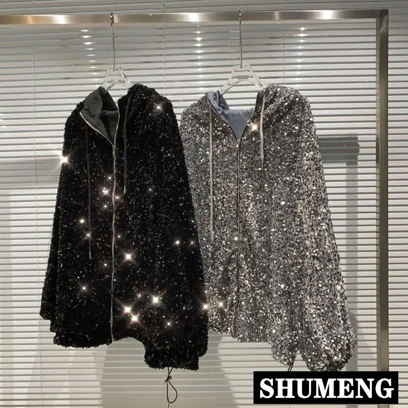 Top Trends: 2022 Autumn Winter New Sequined Shiny Hooded Drawstring Long Sleeve Zip Jacket Fashion Streetwear Women Coat Loose Hoodies Shoppable Styles