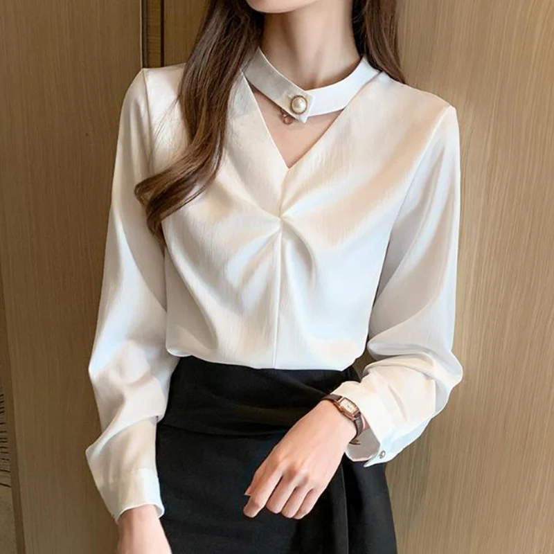 Top Trends: Women Temperament Pleated Solid Color V-neck Long Sleeve Silk Blouse Office Lady Autumn Elegant Buttons Chiffon All-match Shirts Shoppable Styles