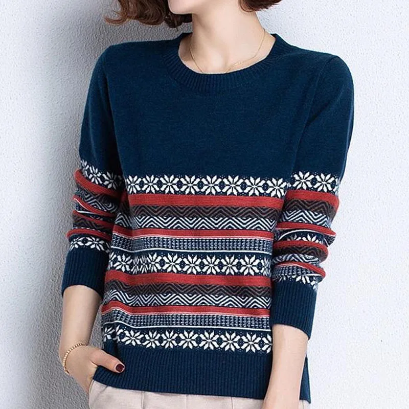 Top Trends: New Autumn Winter Fashion Ethnic Style Round Neck Jacquard Thickened Long Sleeve Loose Versatile Women's Knitted Sweater Shoppable Styles