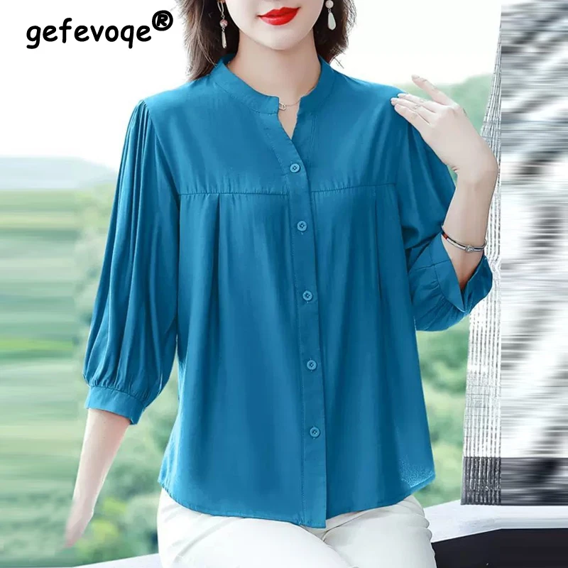 Top Trends: Simple Casual Loose Solid Three Quarter Sleeve Button Up Shirt 2023 Spring Summer Elegant Fashion V Neck Top Blouse Women Blusas Shoppable Styles