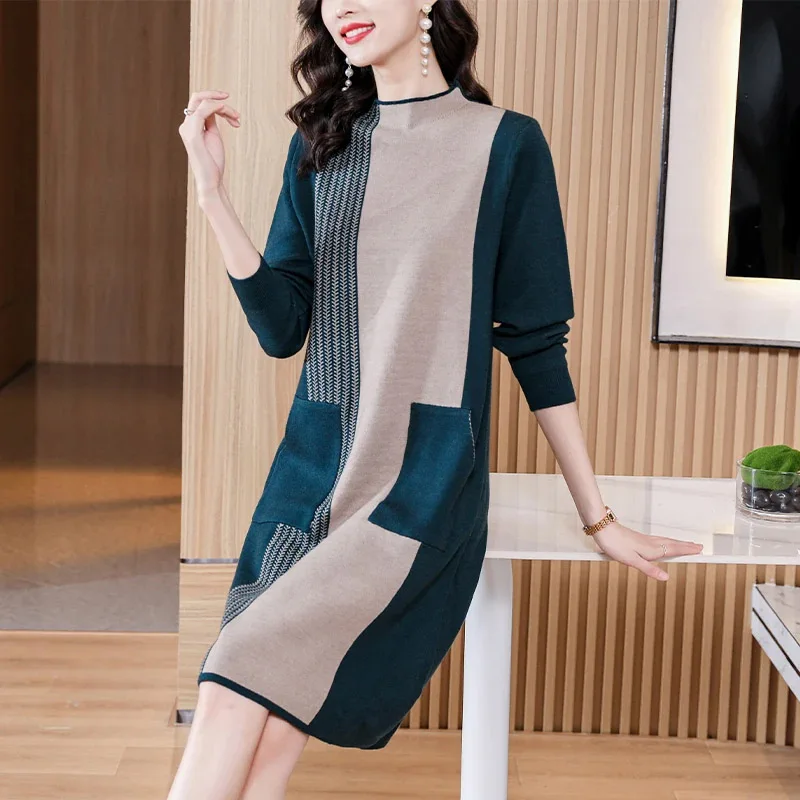 Top Trends: Women's Contrast Style Patchwork Knitted Dress Winter Fashion Inside Pockets Loose Thick Wool Sweater Dresses Shoppable Styles - Image 4