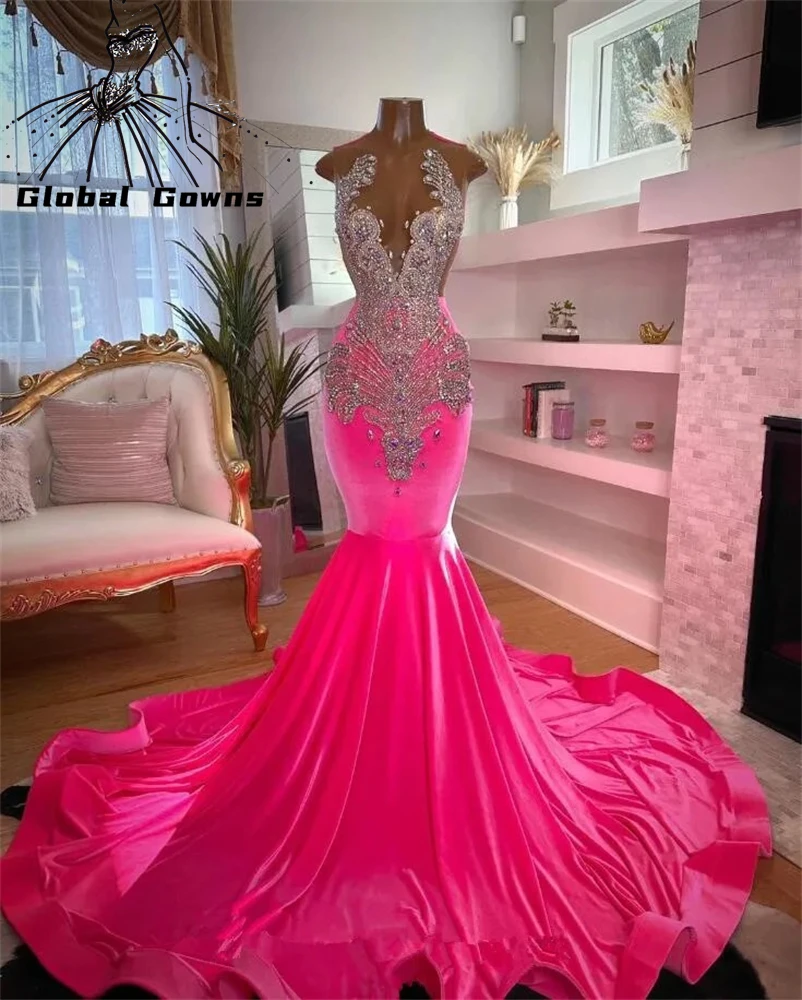 Top Trends: Pink O Neck Long Prom Dress For Black Girls 2023 Beaded Crystal Birthday Party Dresses Rhinestone Evening Gown Robe De Bal Shoppable Styles