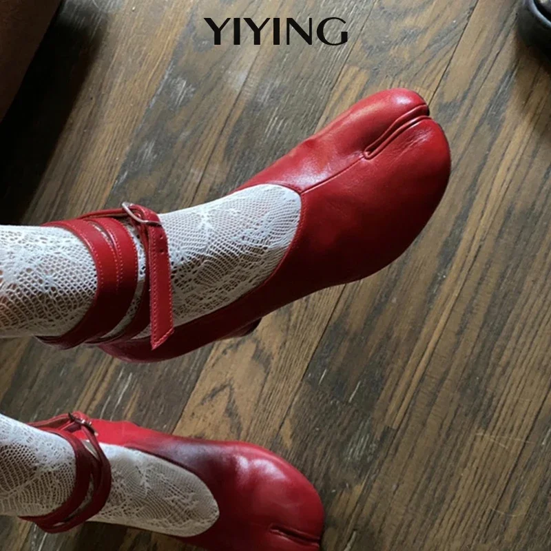 Top Trends: 2024 Vintage Spring Fashion Slipt Toe Women Pumps Chunky Round Strap Buckle High Heels Red Leather Brand Design Shoes Women Shoppable Styles