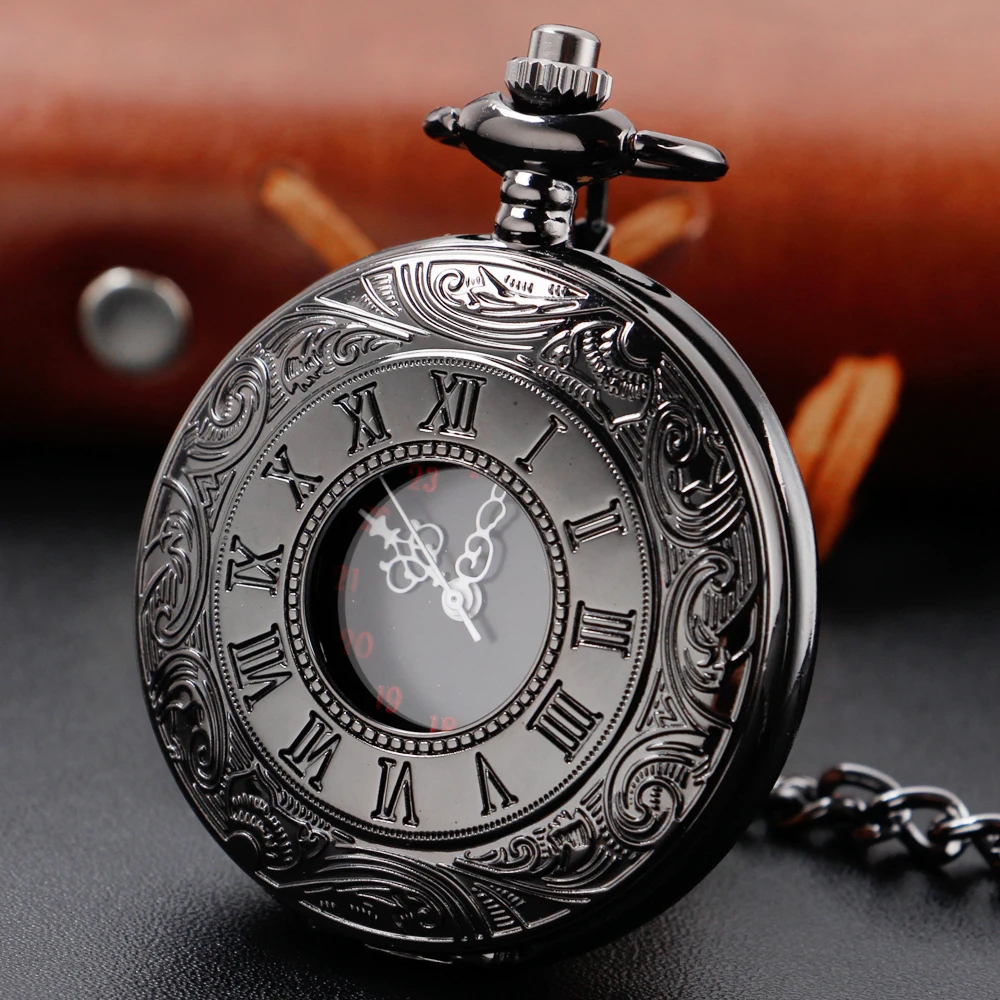 Top Trends: Retro Roman Numerals Pocket Watch All Black With Fob Chain Mens Hollow Skeleton Dial Quartz Pocket FOB Watch Gifts Shoppable Styles