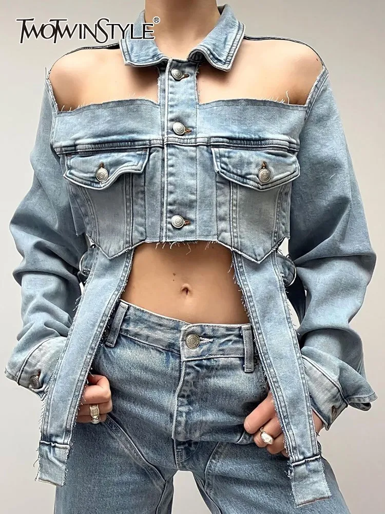 Top Trends: TWOTWINSTYLE Solid Hollow Out Irregular Denim Coat For Women Lapel Long Sleeve Patchwork Single Breasted Streetwear Coats Female Shoppable Styles