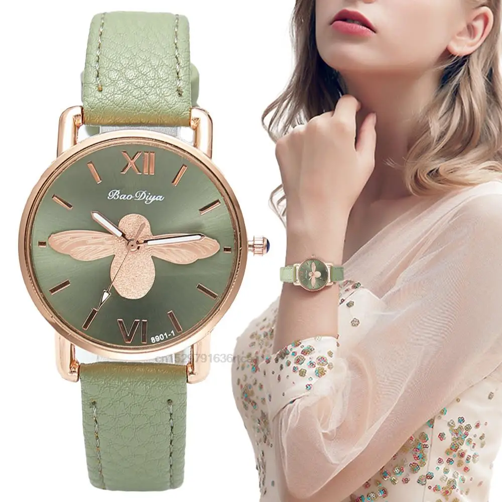 Top Trends: Simple Little Insects Design Women Watches Vintage Green Leather Ladies Luxury Wristwatches Fashion Casual Female Quartz Clock Shoppable Styles