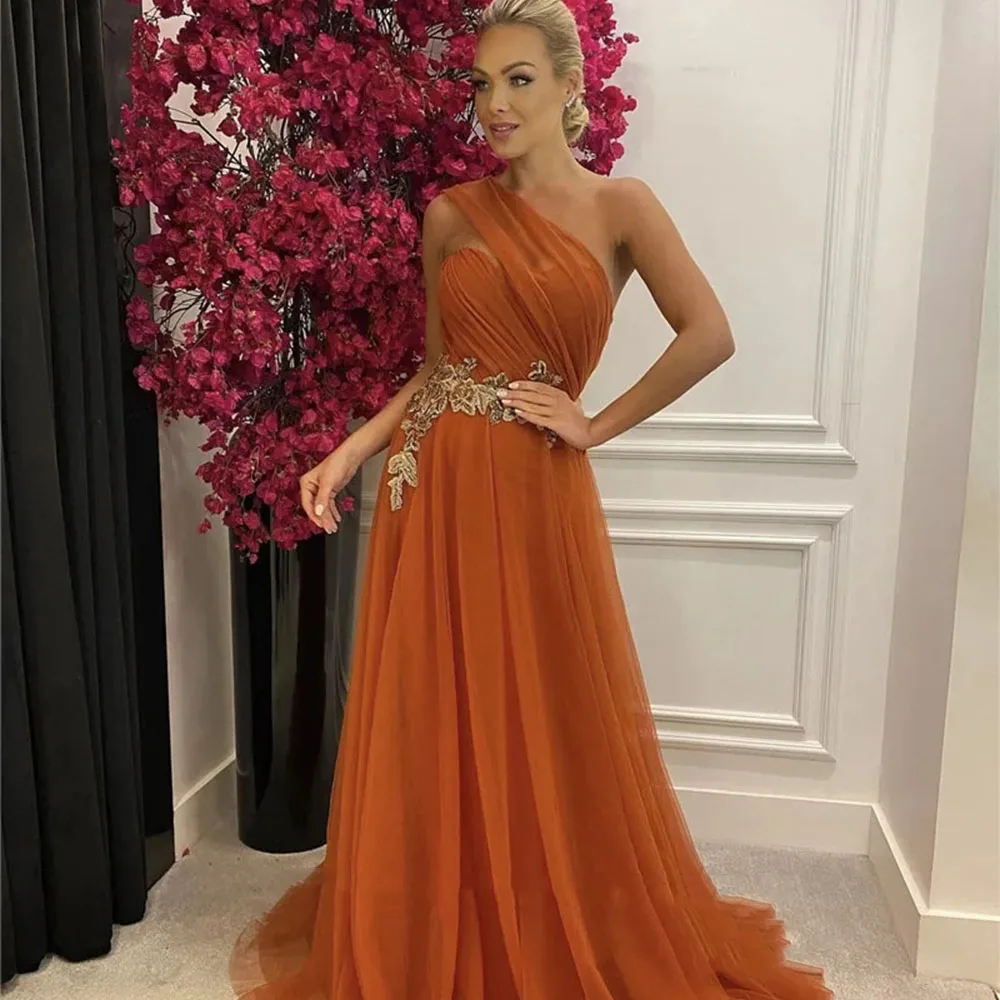 Top Trends: Tulle A Line Long Prom Dresses Arabic Women One Shoulder Applique Evening Gowns Formal Occasion Dress LongCL-603 Shoppable Styles