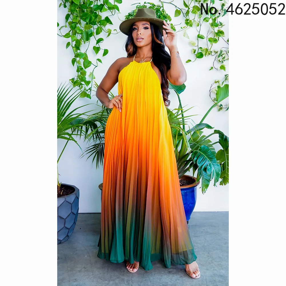 Top Trends: Halter Pleated Summer Women Dress Femme Beach Dresses Off The Shoulder Bohemia Long Sexy Dress Female Vestidos Shoppable Styles