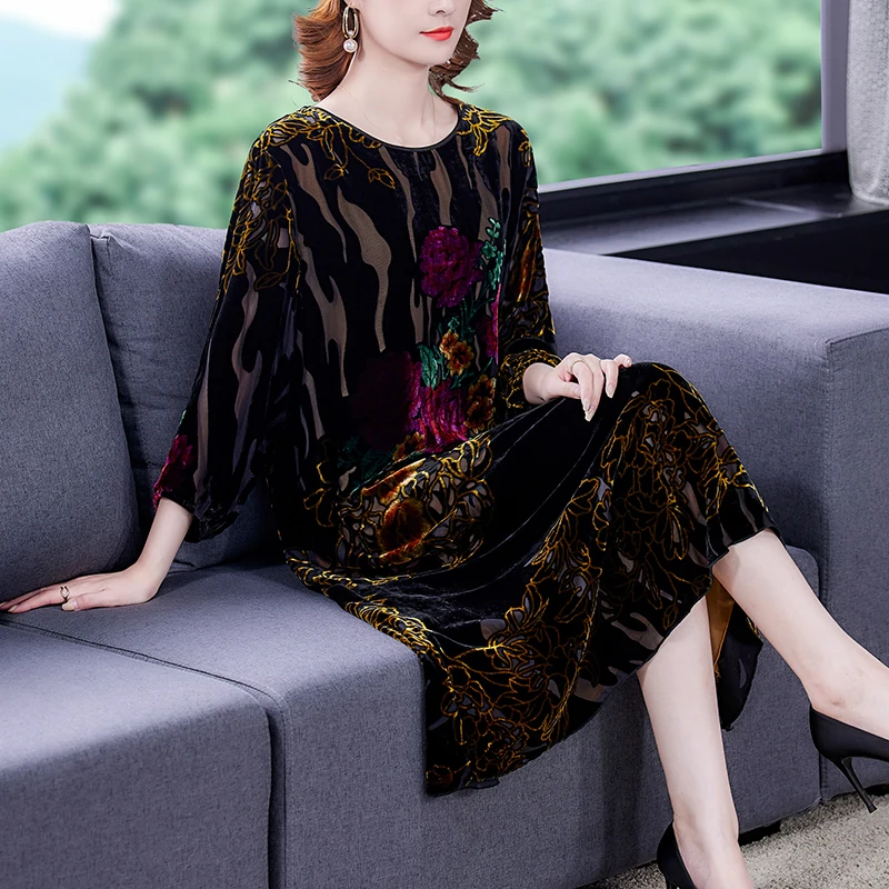 Top Trends: Large Size Gold Velvet Dress Women's Autumn New High-End Mulberry Silk Burnt Flower Dress Luxurious Temperament Vestidos M1928 Shoppable Styles