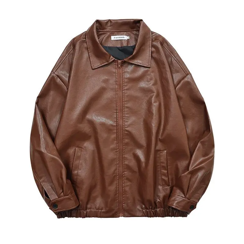 Top Trends: Pu Leather Jacket Men Brown Retro Motorcycle Jacket Autumn Korean Fashion Fried Street Loose Zipper Bomber Jacket Learher Coats Shoppable Styles - Image 6