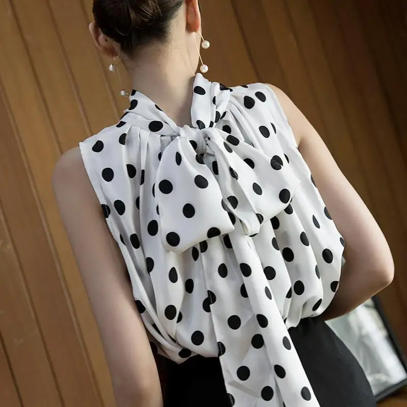 Top Trends: Summer Ruffled White Polka Dot Printed Elegant Sleeveless Tops Blouses For Women Korean Fashion Lace Up Office Lady Loose Shirts Shoppable Styles