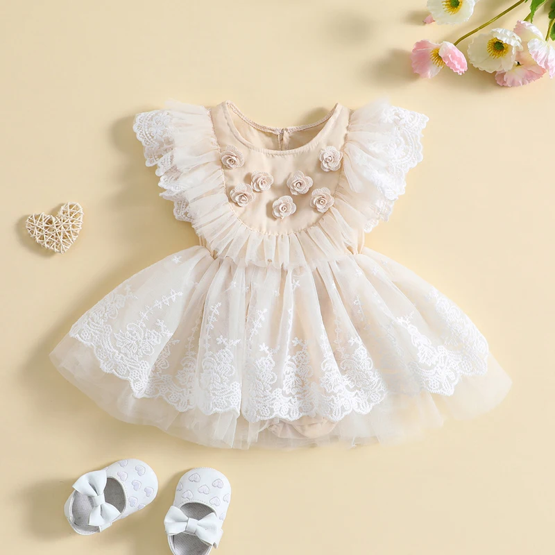 Top Trends: Infant Baby Girls Clothes Romper Dresses Vestidos Fly Sleeve Crew Neck Flower Lace Tulle Patchwork A-line Newborn Jumpsuit Dress Shoppable Styles