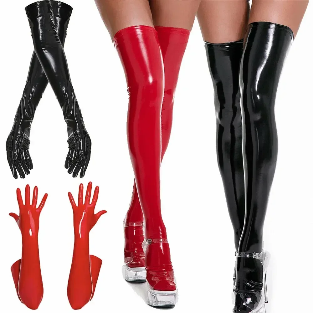 Top Trends: Women PU Leather Wetlook Shiny High Stockings Mittens Long Leather Gloves Disco Party Dance Clubwear Cosplay Costumes Red Black Shoppable Styles