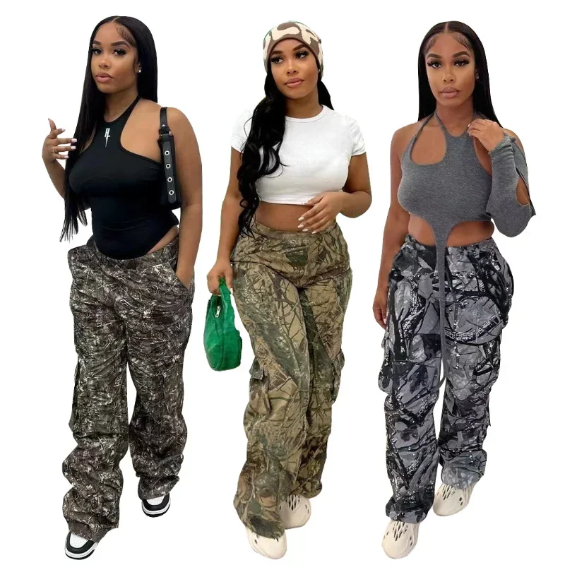 Top Trends: Camouflage Women Cargo Pants Mid Waist Side Pocket Wide-leg Trousers Hip-hop Streetwear Y2K Club Fashion Women Clothing Shoppable Styles