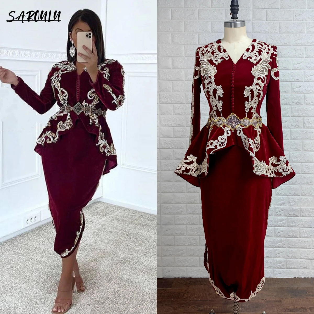 Top Trends: Arabic Caftan Tea-length Evening Dresses Burgundy Long Sleeve Dubai Saudi Lace Beads Velvet Prom Dress Karakou Algerien Shoppable Styles