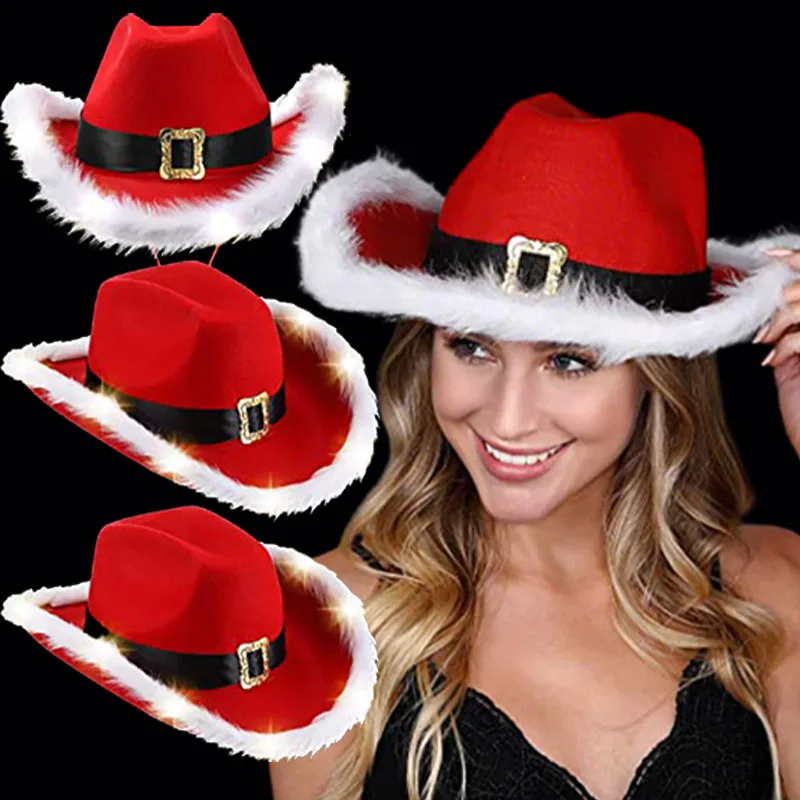 Top Trends: Fashion Santa Claus Party Christmas Luminous Cowboy Hat Western Red Felt Hats Wide Brim Cowgirl Hat Jazz Hat For Women Men Shoppable Styles