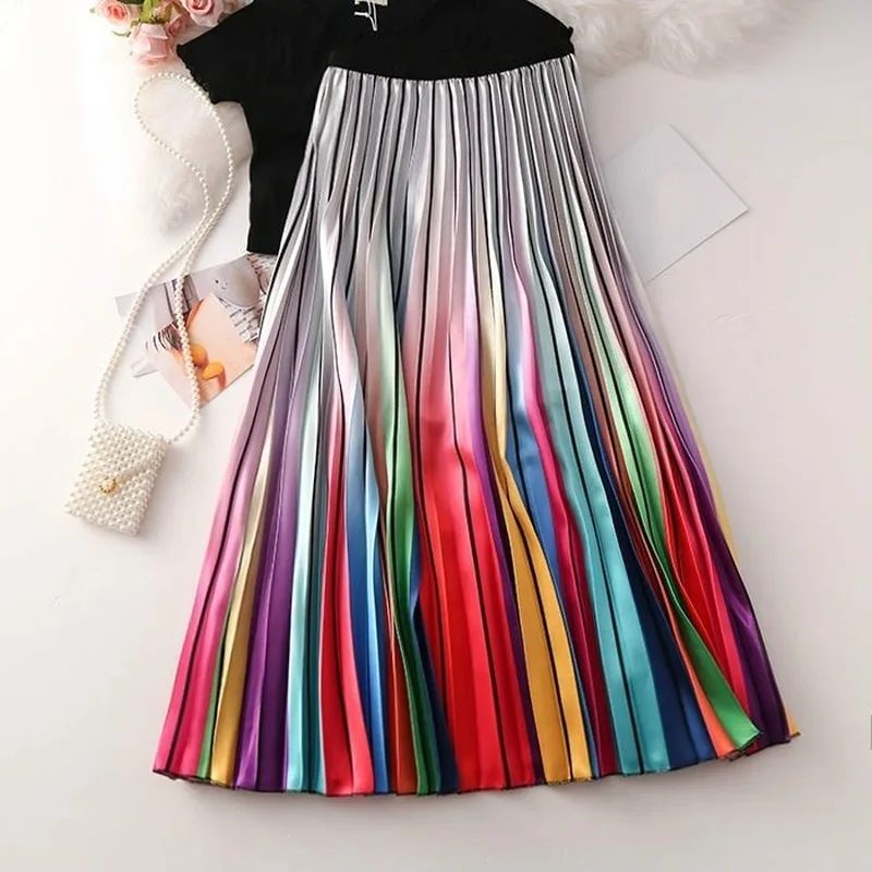 Top Trends: Simple And Generous Women&#039;s Gradient Rainbow Print Skirt Mid-length Style Pleated Long Skirt Shoppable Styles