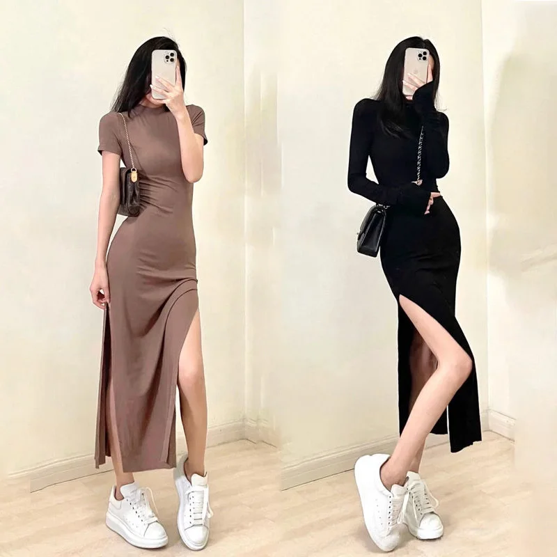 Top Trends: Sexy Black Elegant Maxi Dress Women Vintage Slim Short Sleeve O-neck Side Split Bodycon Dresses Party Club Sexy Lady Vestidos Shoppable Styles