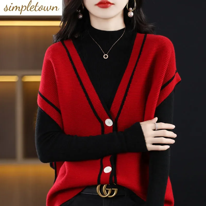 Top Trends: Spring And Autumn New V-Neck Contrast Knitted Cardigan Tank Top Women's Loose And Versatile Sleeveless Sweater Coat Shoppable Styles