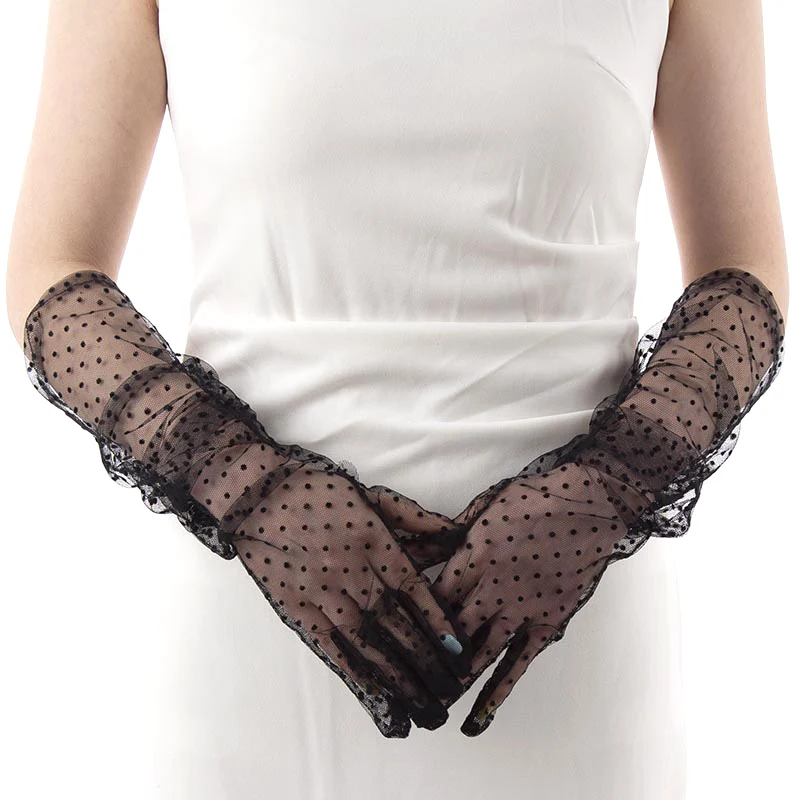 Top Trends: Summer Women Black White Dot Lace Long Tulle Gloves Stretchy Full Finger Transparent Sexy Mittens Mesh Bride Wedding Gloves Shoppable Styles