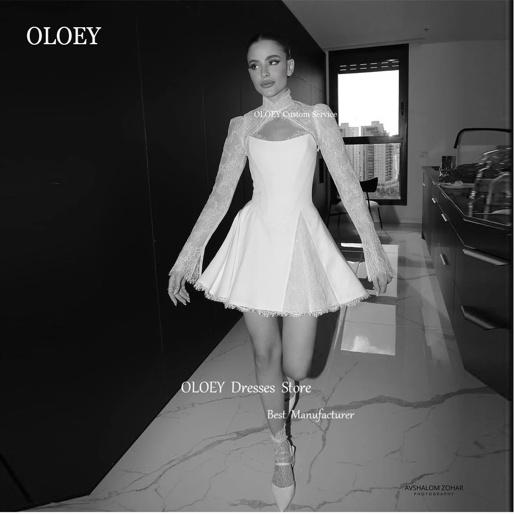 Top Trends: OLOEY 2023 Short A Line Wedding Dresses With Jacket Long Sleeves High Neck Mini Bridal Gowns Robe De Mariage Party Dress Shoppable Styles