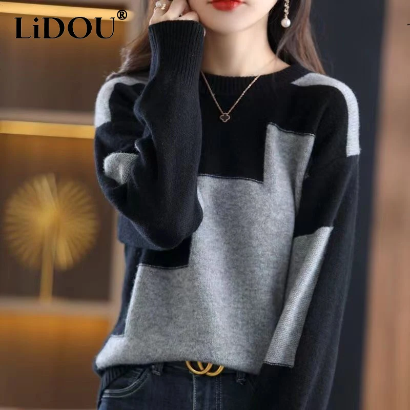 Top Trends: Autumn Winter Contrast Color Pullover Sweater Lady Loose Casual Fashion All-match Knitting Jumpers Ladies Oversized Bottomed Top Shoppable Styles