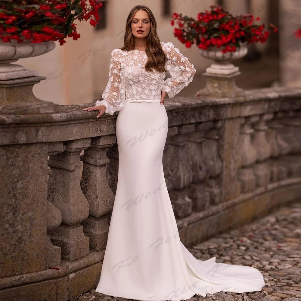 Top Trends: Beautiful Luxury Satin Wedding Dresses Exquisite Applique Sweetheart A Line Round Neck Long Sleeves Simple Mopping Bridal Gowns Shoppable Styles