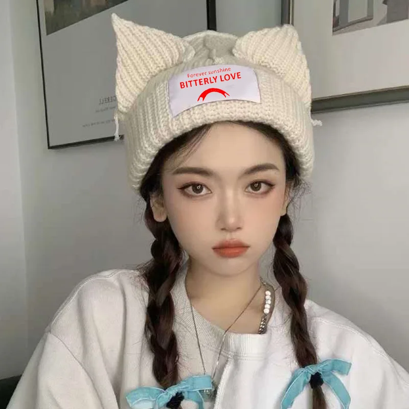 Top Trends: Cute Fashion Lover Hooded Cap Cat Ear Knit Hat Double-layer Warm Cat Ear Woolen Hat Niche Design Hip-hop Personality Cold Hat Shoppable Styles