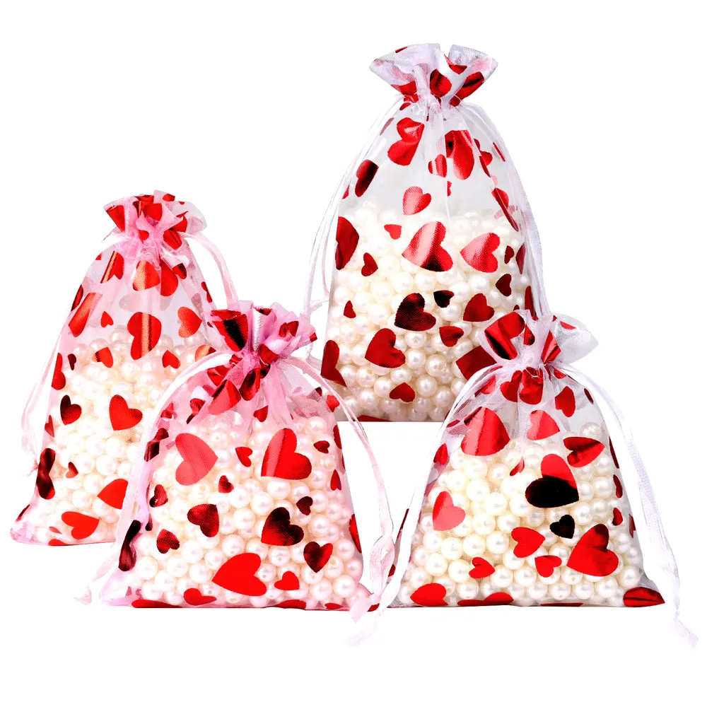 Top Trends: 25pcs / lot Organza Gift Bag Hot Red Printing Love Heart Drawstring Pouches For Wedding Valentine Day Gift Bag Party Candy Packing Shoppable Styles