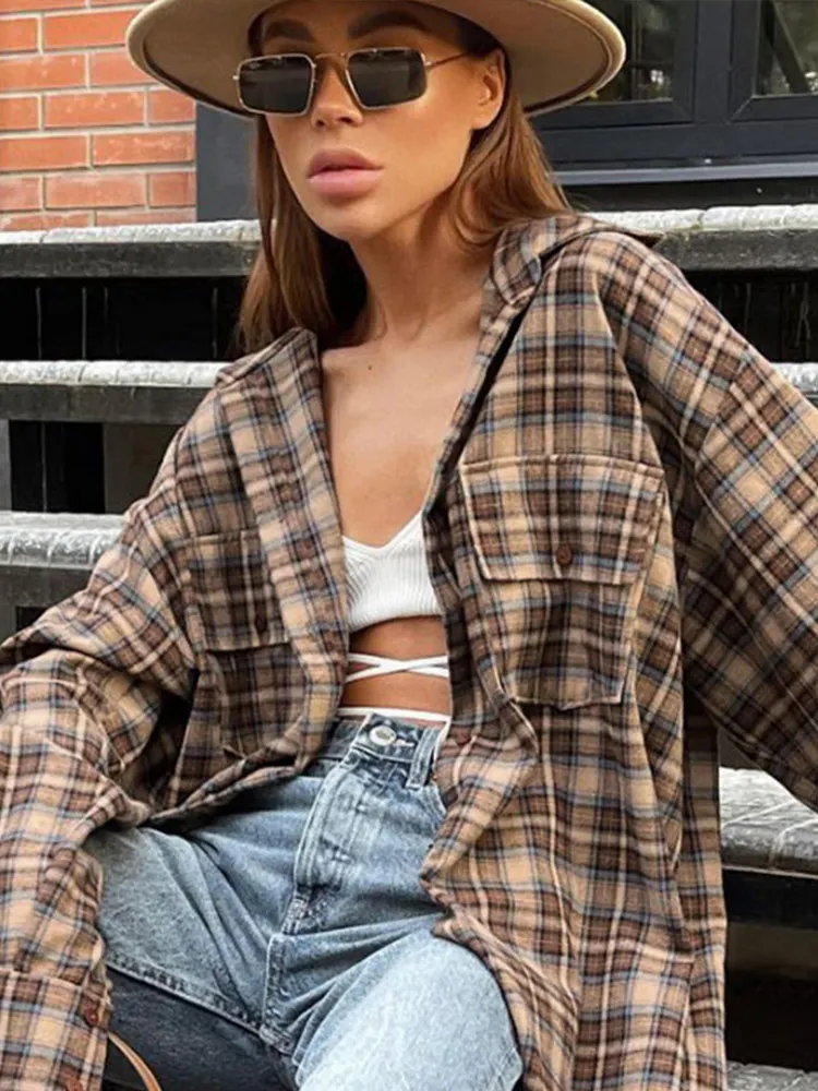 Top Trends: Women Shirt Plaid Single Breasted Lapel Oversize Blouse Female Fashion Long Sleeves Shirt Tops Vintage Lady Shirt Casual Outwear Shoppable Styles