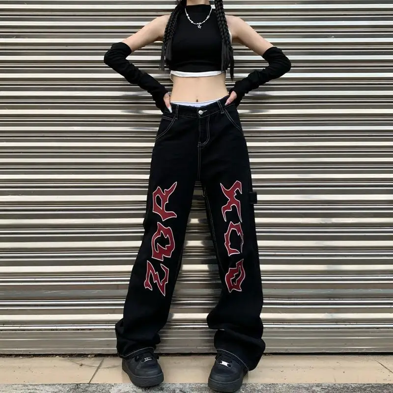 Top Trends: High Street Vintage Loose Jeans Woman Clothing Letter Printed Wide Leg Pants Streetwear Fashion Oversize Black Straight Trousers Shoppable Styles