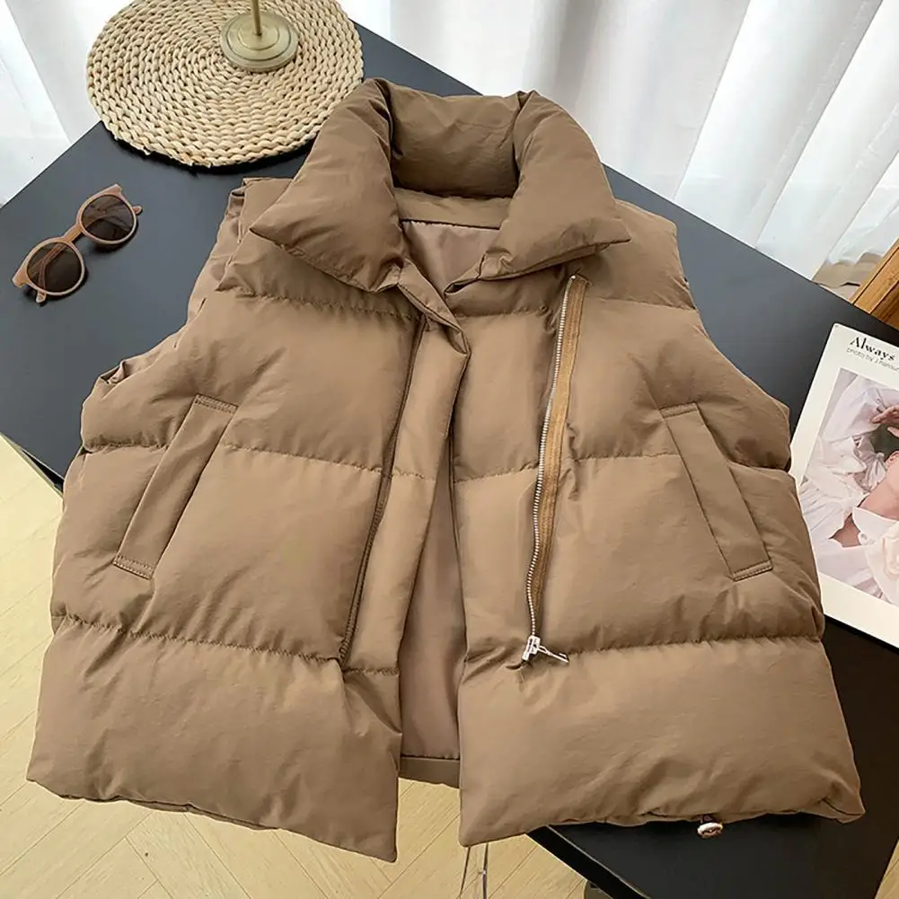 Top Trends: Comfy Simple Solid Color Stand Collar Winter Cotton Puffer Vest Versatile Padded Puffer Drawstring Hem Female Clothing Shoppable Styles