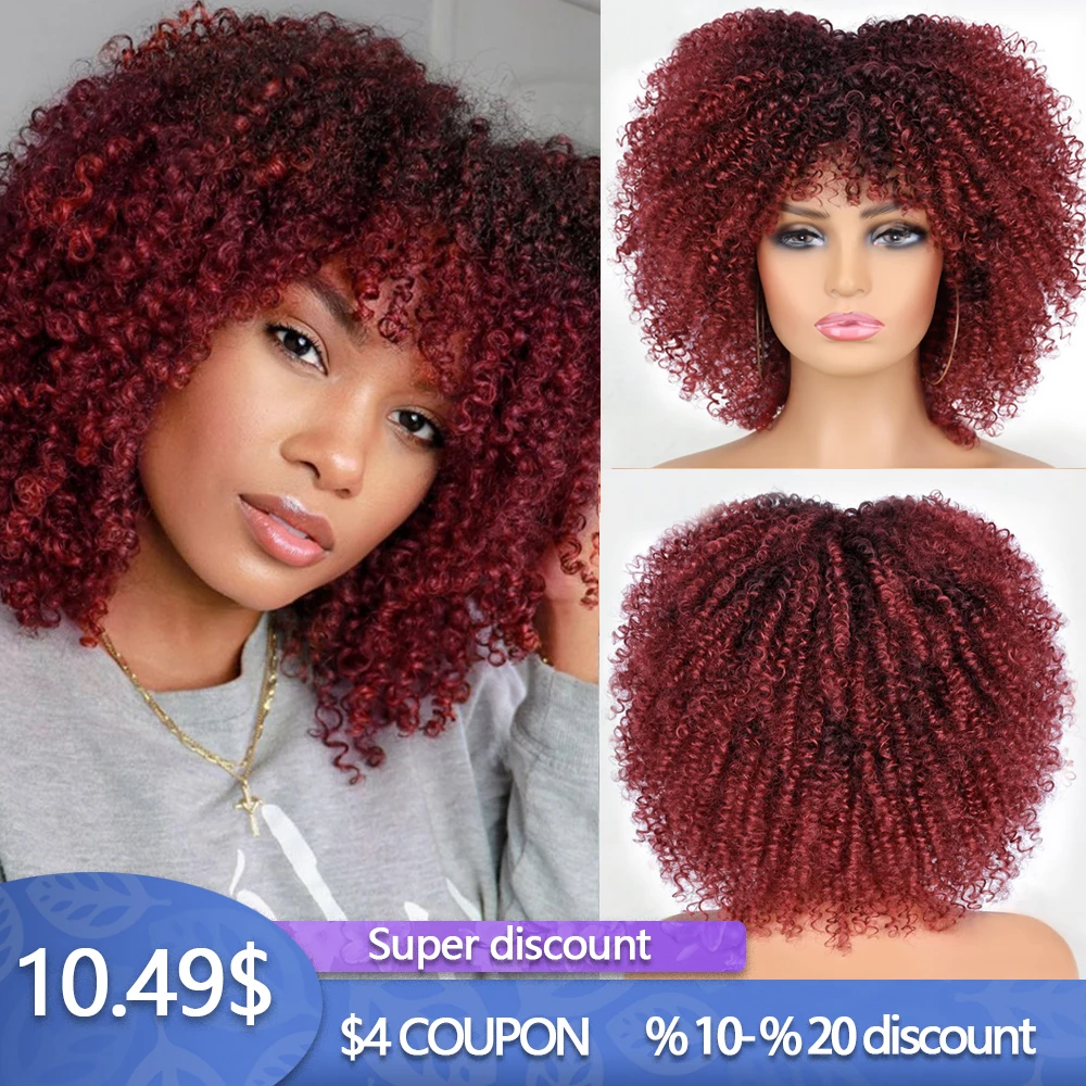 Top Trends: LINGHANG Short Hair Afro Kinky Curly Wigs With Bangs For Black Women African Synthetic Omber Glueless Cosplay Wigs Gradient Hair Shoppable Styles