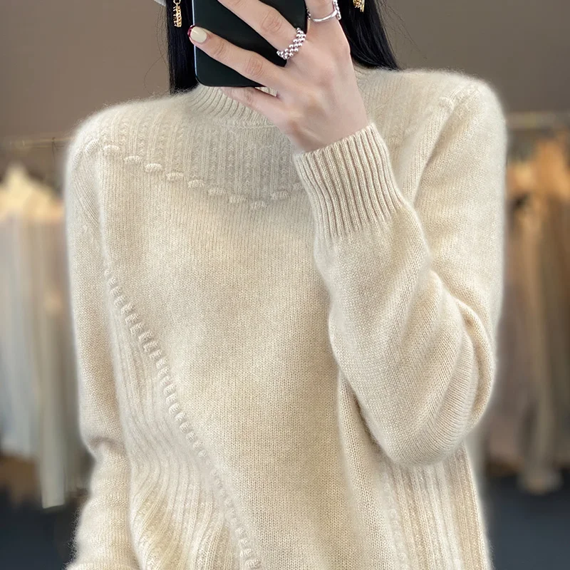 Top Trends: New Jacquard 100 Cashmere Sweater Women&#039;s Half Turtleneck Thickened Bottoming Sweater Loose Pullover Knitted Sweater Spring Shoppable Styles