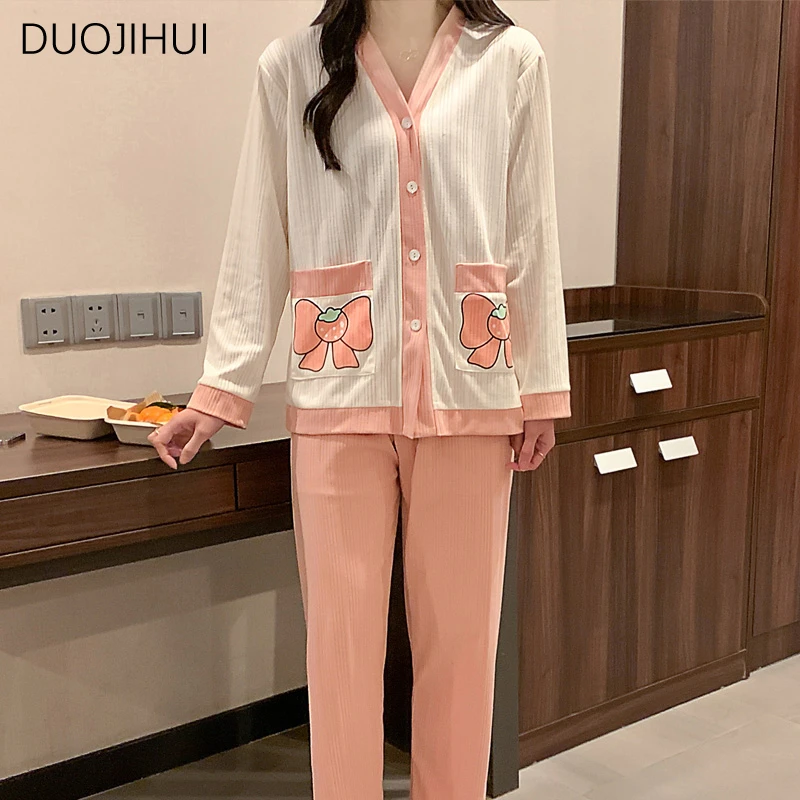 Top Trends: DUOJIHUI Autumn Two Piece Loose Casual Home Pajamas For Women V-neck Sweet Cardigan Basic Simple Pant Fashion Female Sleepwear Shoppable Styles