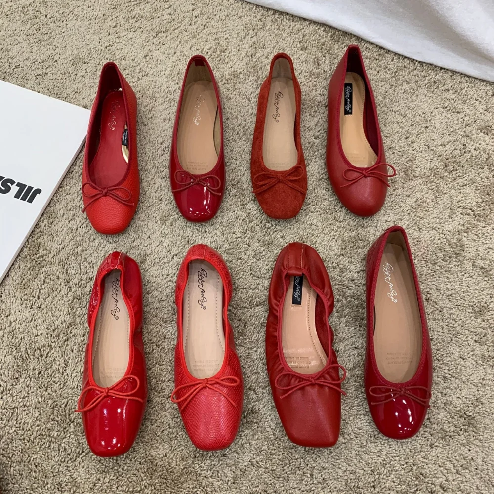 Top Trends: Retro Ultra-soft Women Shoe Spring Bow Red Flat Sole Single Shoe Leisure Comfortable Leather Shoe New Ballet Shoe Zapatos Mujer Shoppable Styles