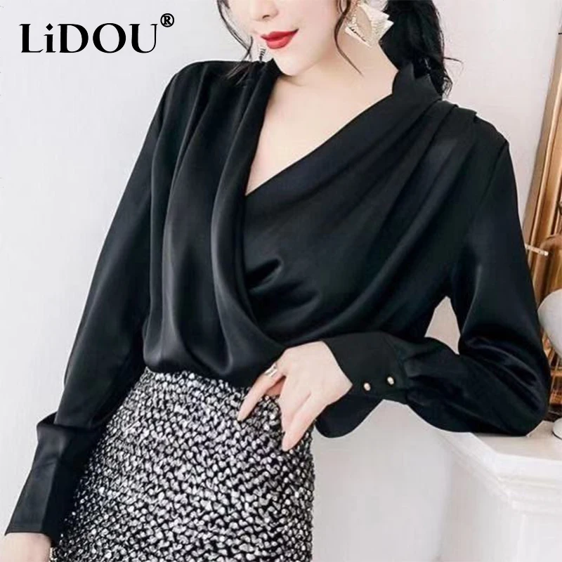 Top Trends: Spring Autumn Office Lady Elegant Fashion Cross V-neck Satin Shirt Female Solid Color All-match Long Sleeve Blouse Women's Top Shoppable Styles