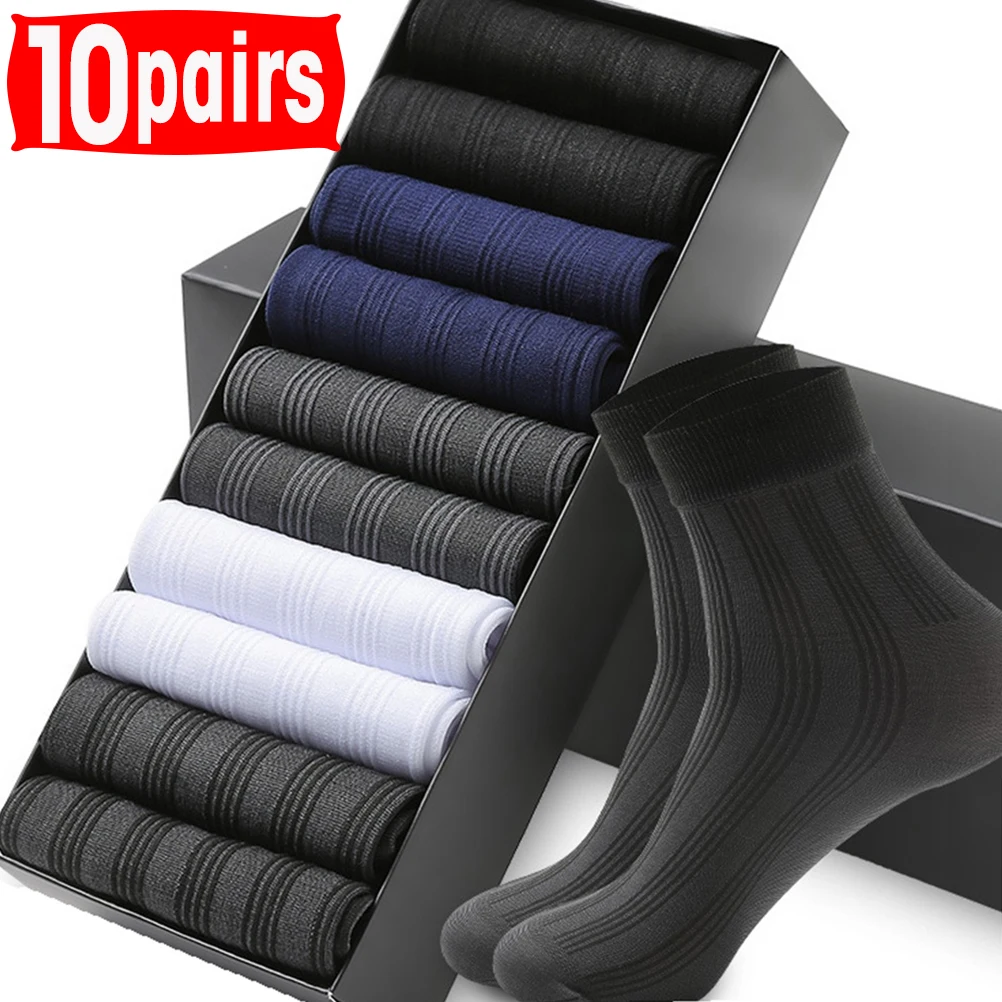 Top Trends: 10pairs Breathable Long Socks Bamboo Fiber Socks Summer Thin Stripe Men Silk Sports Socks Antibacterial Black Business Men Socks Shoppable Styles