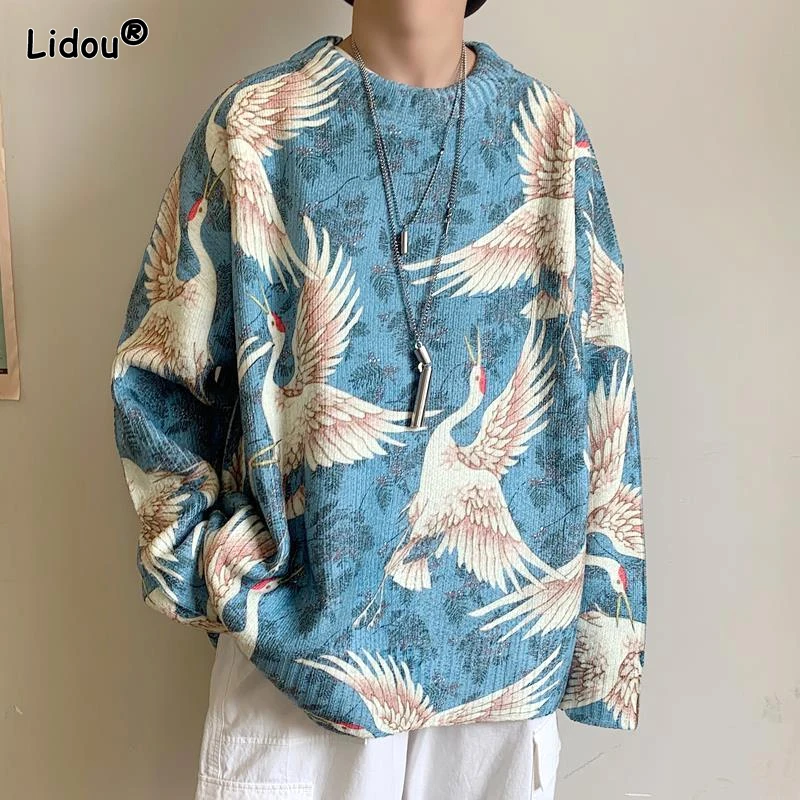 Top Trends: 2023 New Autumn And Winter Fashion Trend Chinese Style Round Neck Print Lazy Loose Casual Long Sleeved Men&#039;s Knitted Sweater Shoppable Styles