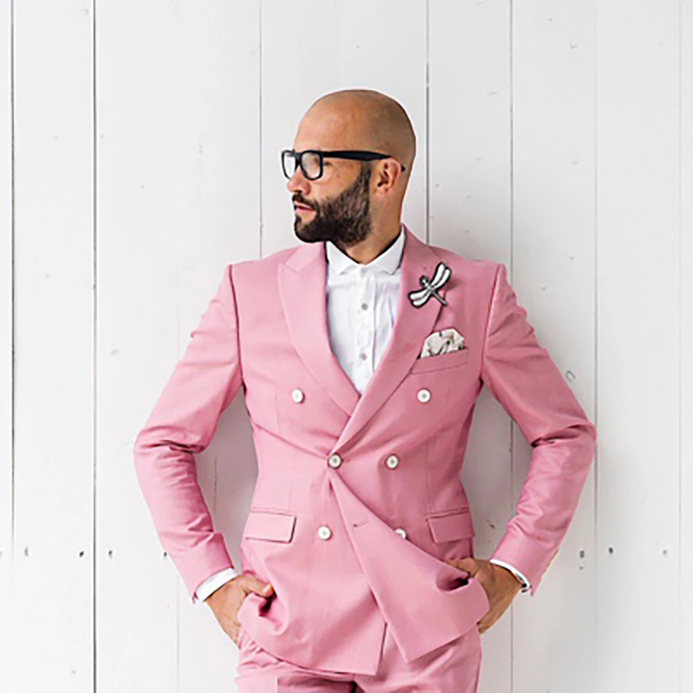 Top Trends: Summer Men&#039;s Suit Pink Double Breasted Peaked Lapel Wedding Groom Terno Fashion Blazer Masculino Casual Two Piece Jacket Pants Shoppable Styles